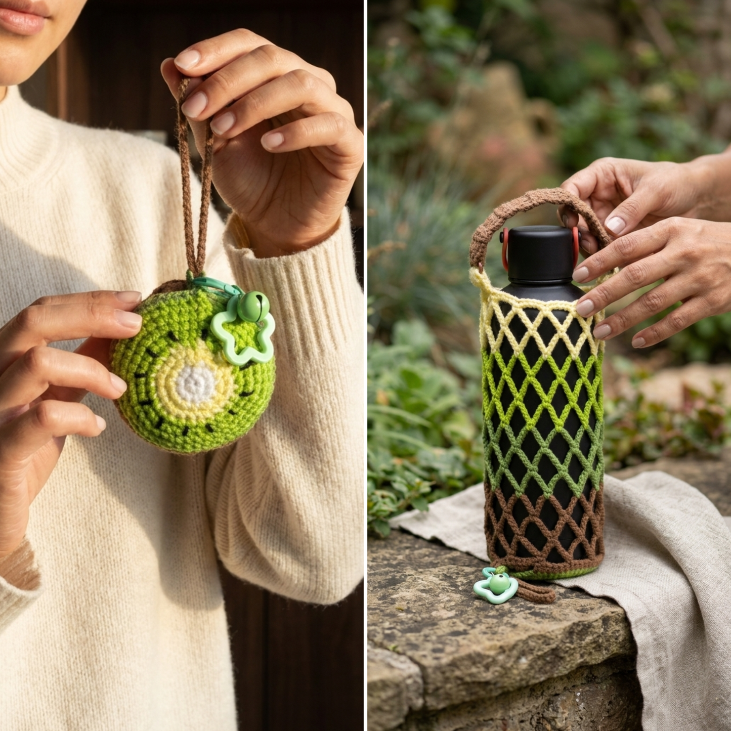 Crochet Bottle Carrier - Expandable Mesh Drink Holder with Star Clasp, Eco-Friendly Cup Sleeve for Travel
