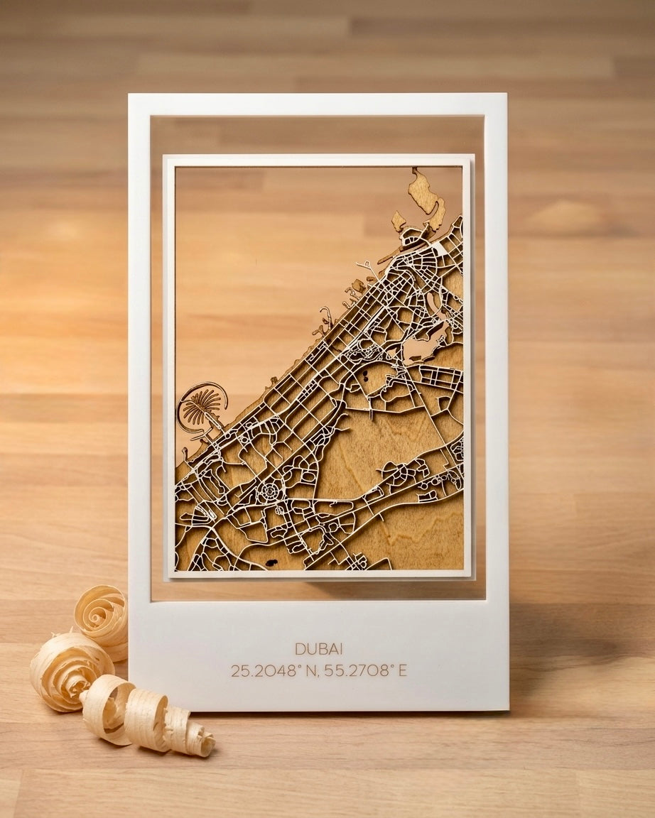 3D Laser-Cut Dubai City Wood Map – Multi-Layered Wall Art 17 x 29cm