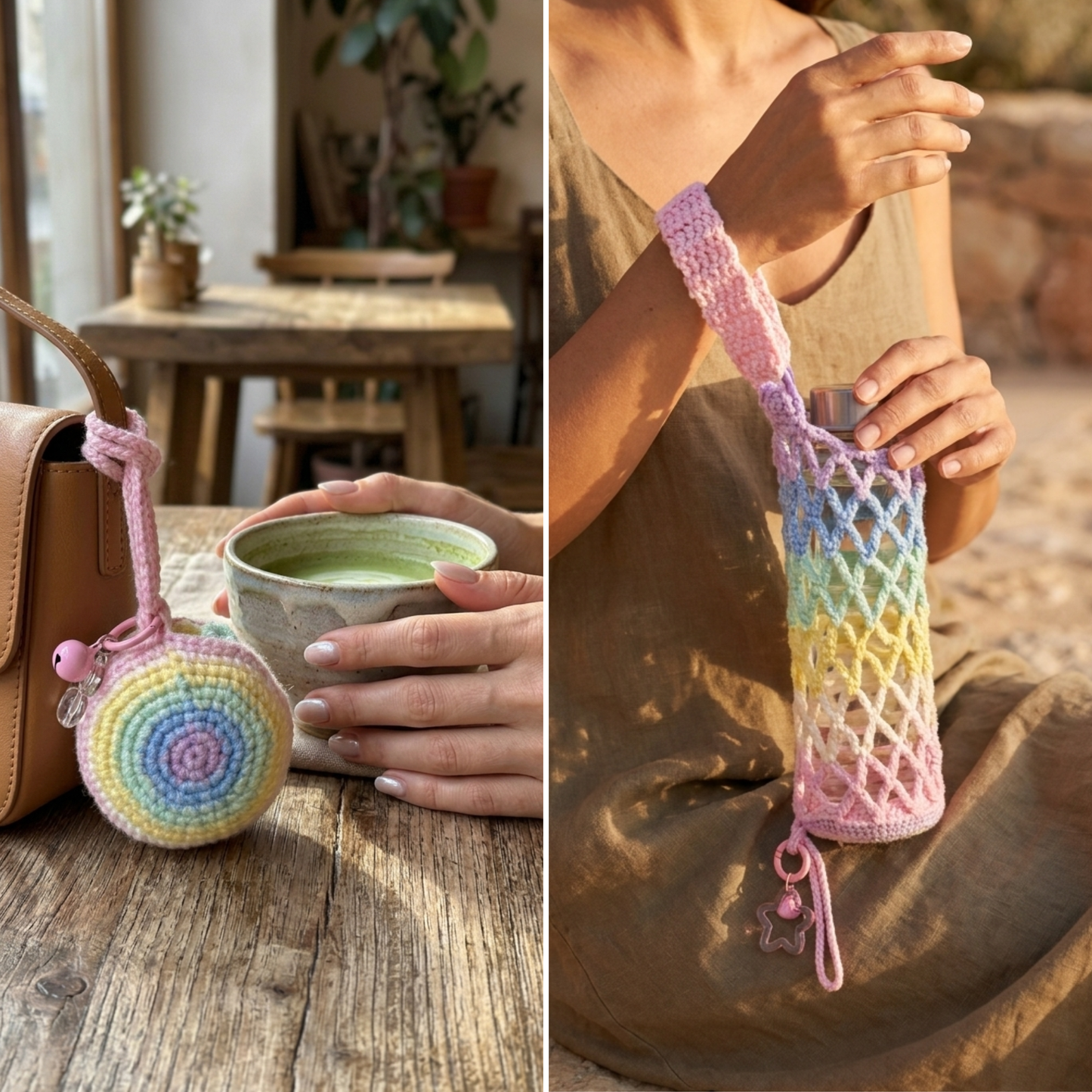 Crochet Bottle Carrier - Expandable Mesh Drink Holder with Star Clasp, Eco-Friendly Cup Sleeve for Travel