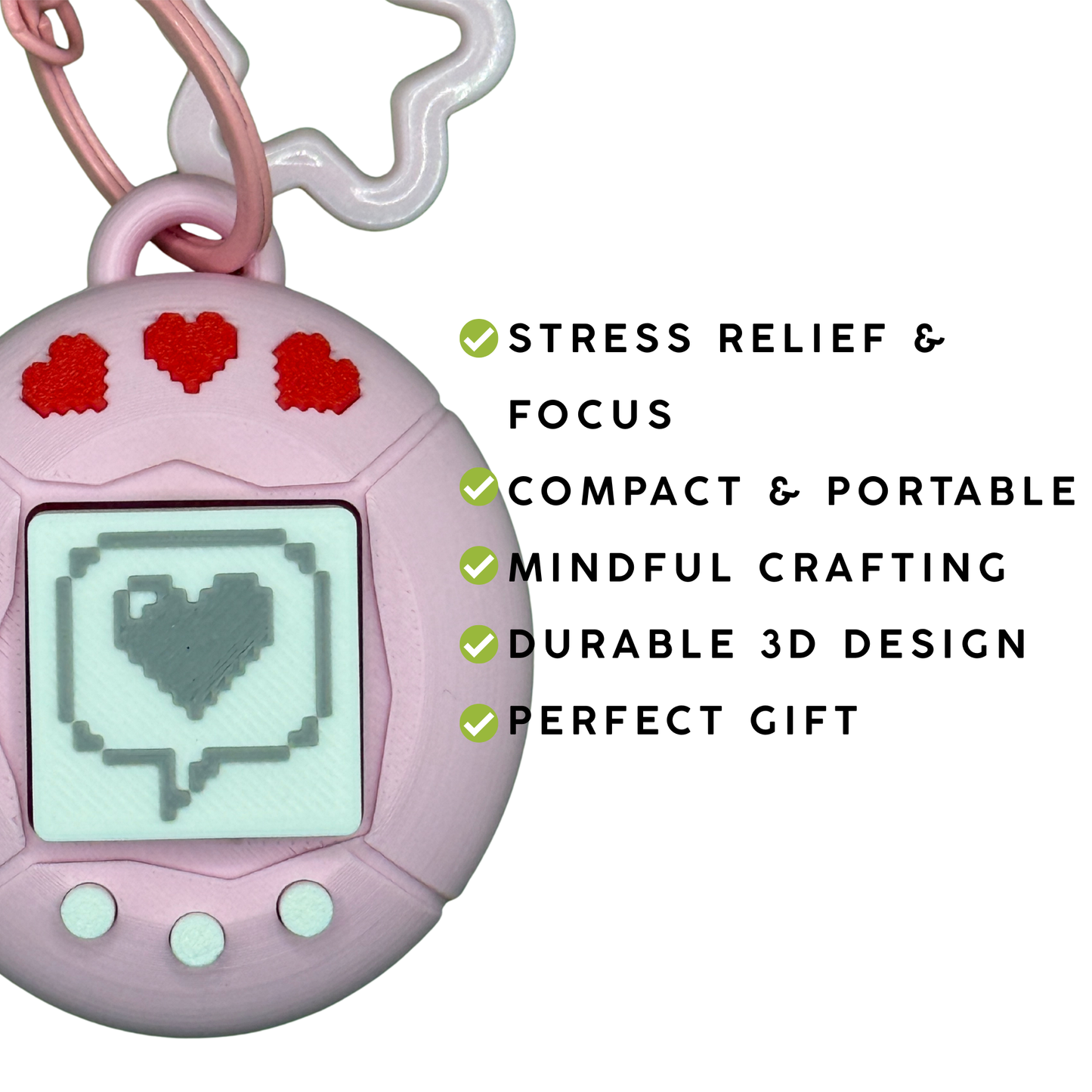 3D Printing Retro Style Pixel Heart Keychain — PLA Fidget Toy with Star Ring & Bell Charm | Retro Virtual Pet Inspired Stress Relief Clicker