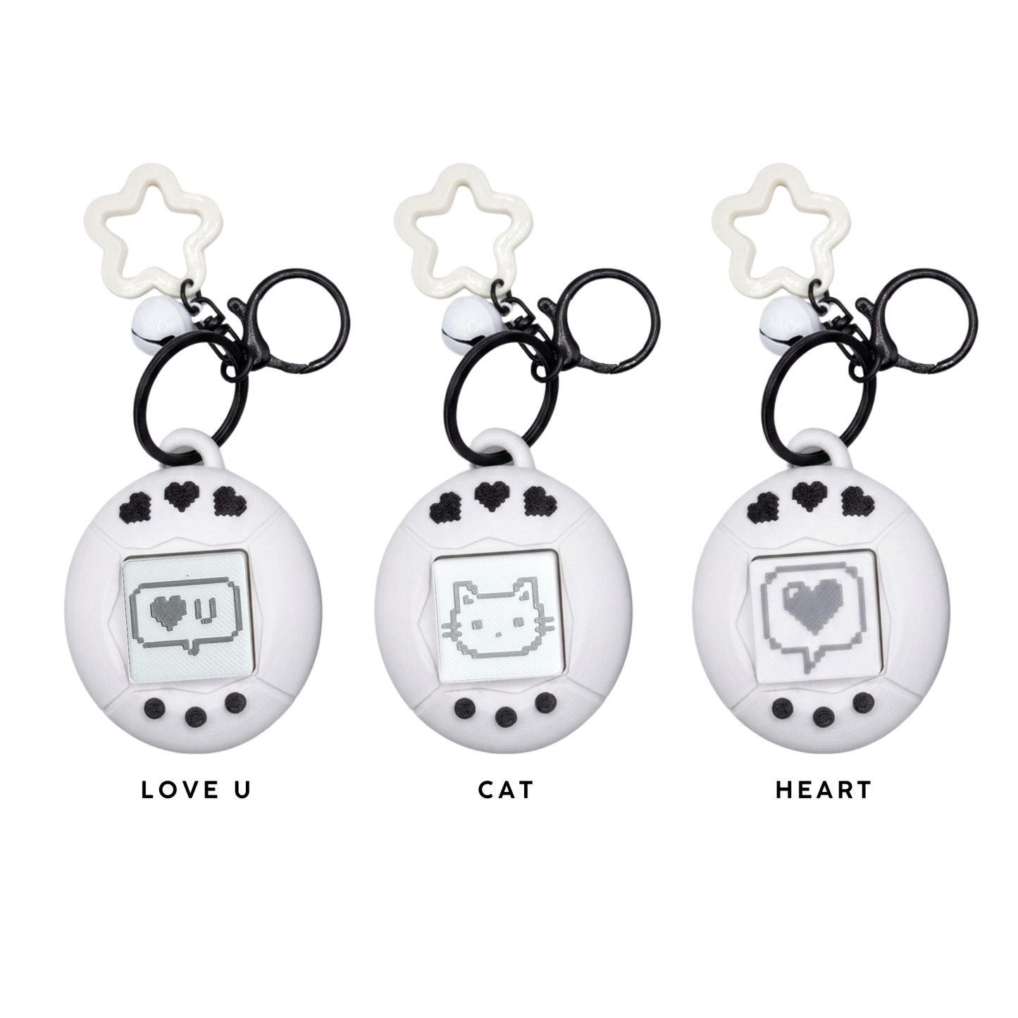 3D Printing Retro Style Pixel Heart Keychain — PLA Fidget Toy with Star Ring & Bell Charm | Retro Virtual Pet Inspired Stress Relief Clicker