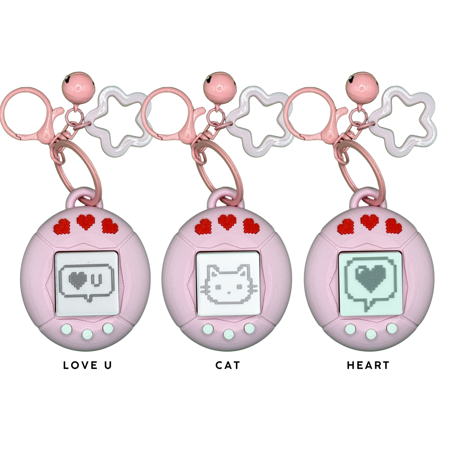 3D Printing Retro Style Pixel Heart Keychain — PLA Fidget Toy with Star Ring & Bell Charm | Retro Virtual Pet Inspired Stress Relief Clicker