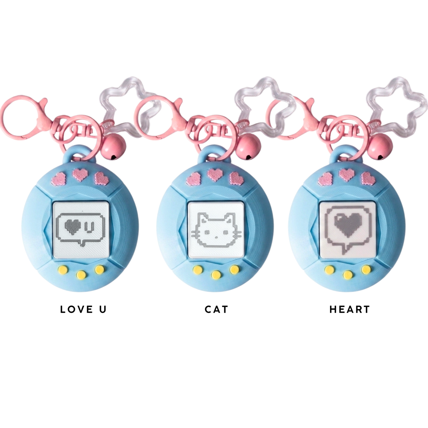 3D Printing Retro Style Pixel Heart Keychain — PLA Fidget Toy with Star Ring & Bell Charm | Retro Virtual Pet Inspired Stress Relief Clicker