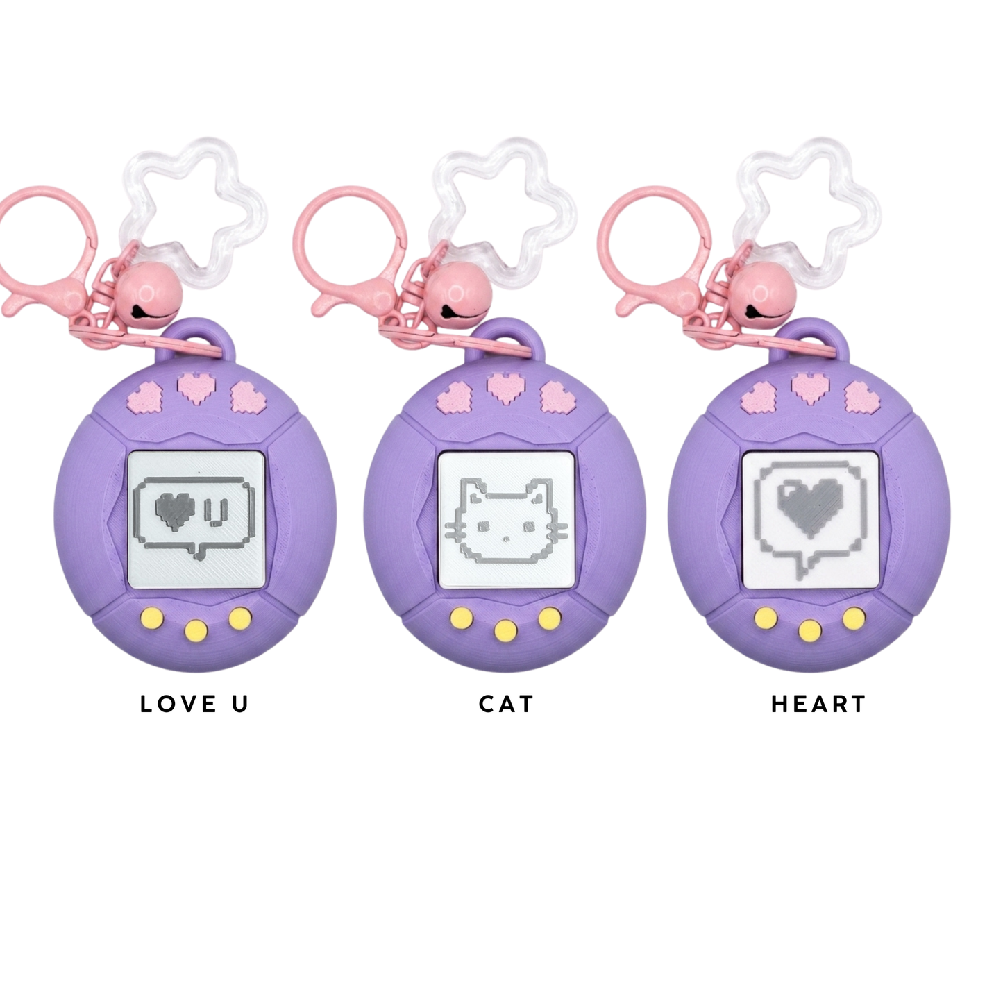 3D Printing Retro Style Pixel Heart Keychain — PLA Fidget Toy with Star Ring & Bell Charm | Retro Virtual Pet Inspired Stress Relief Clicker