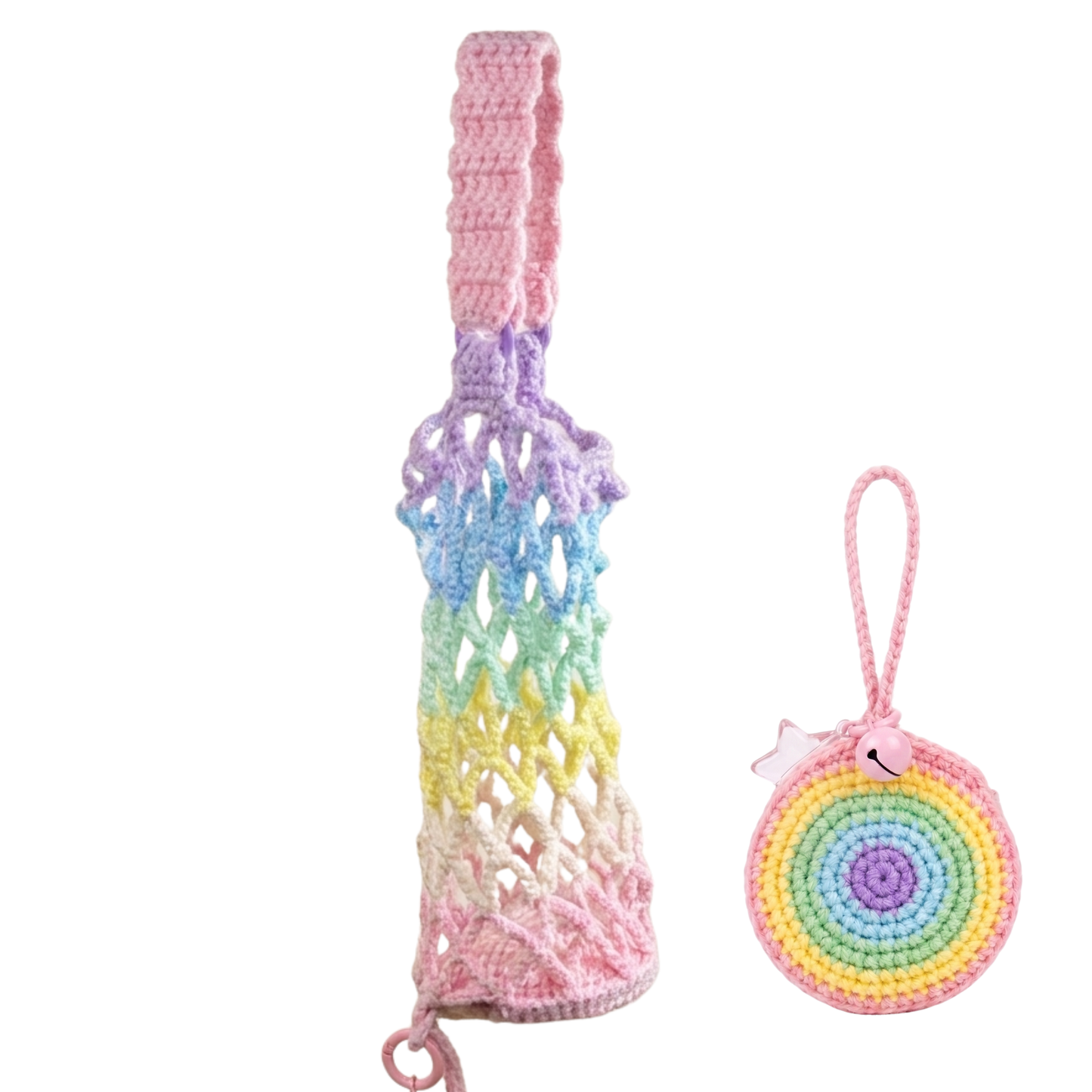 Crochet Bottle Carrier - Expandable Mesh Drink Holder with Star Clasp, Eco-Friendly Cup Sleeve for Travel