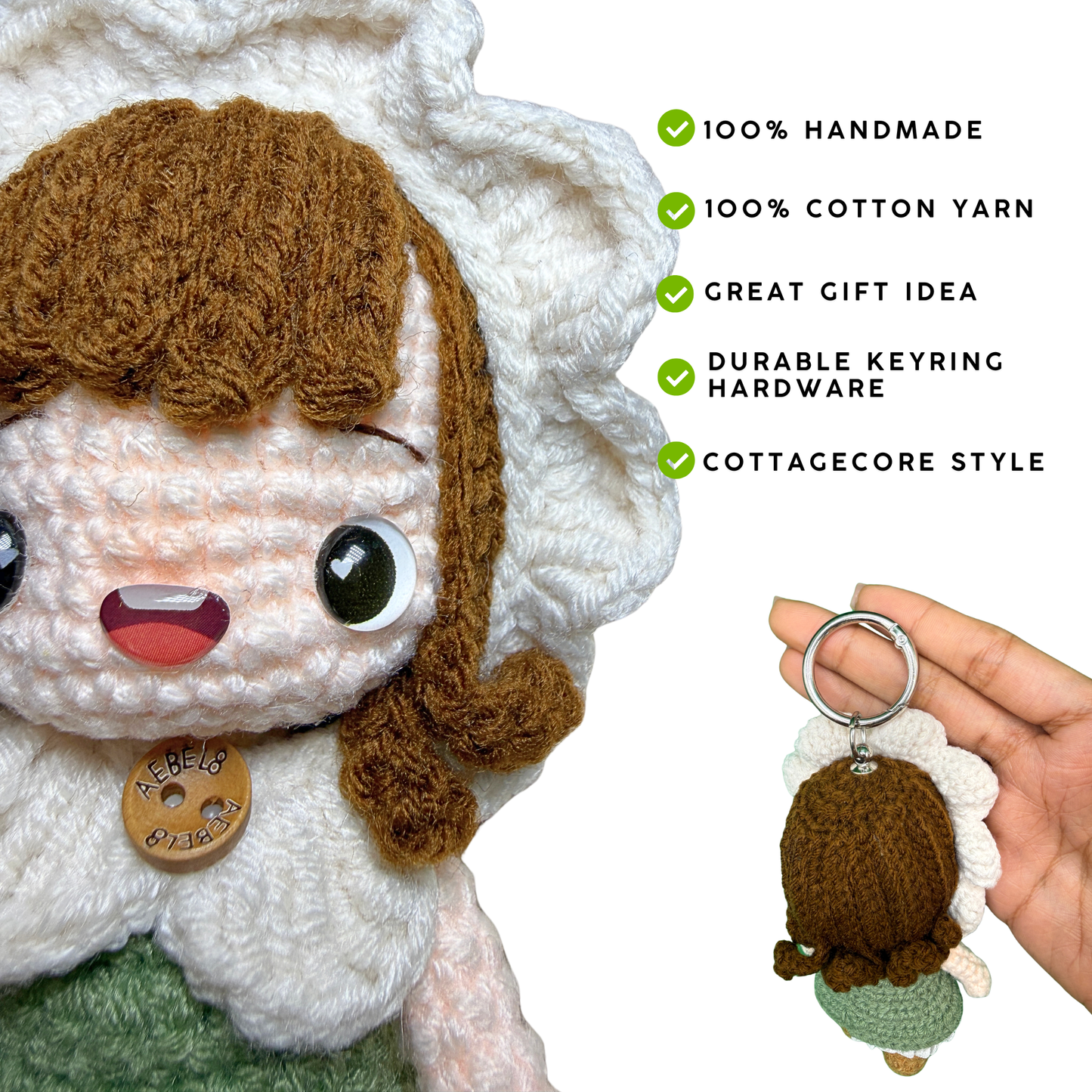Flower Bonnet Girl — Handmade Crochet Keychain Doll | 14×7.5cm