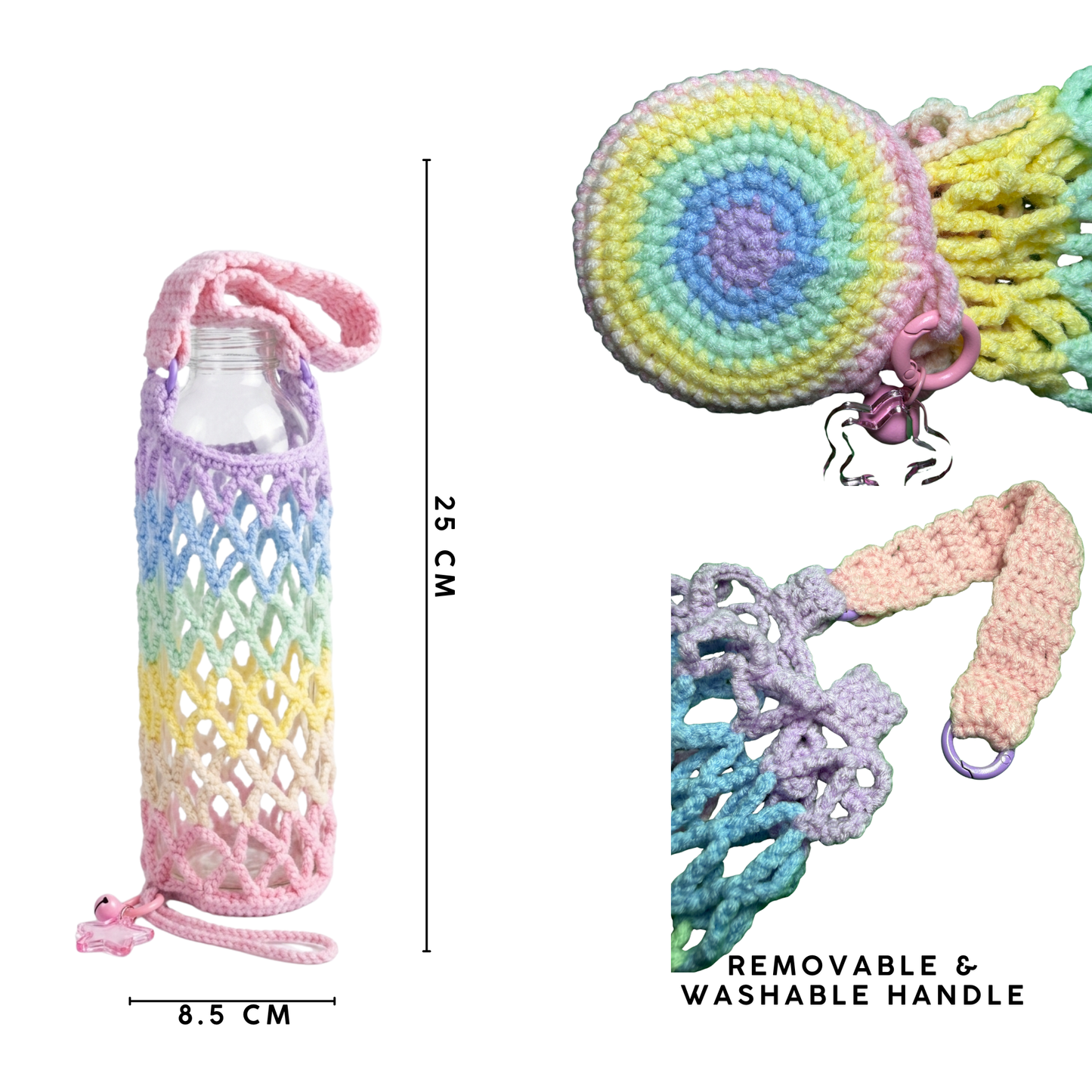 Crochet Bottle Carrier - Expandable Mesh Drink Holder with Star Clasp, Eco-Friendly Cup Sleeve for Travel