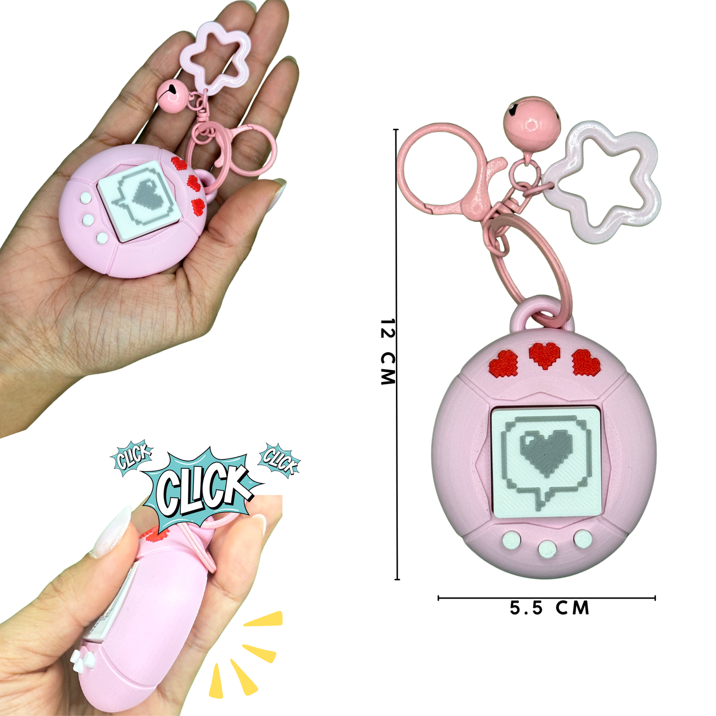 3D Printing Retro Style Pixel Heart Keychain — PLA Fidget Toy with Star Ring & Bell Charm | Retro Virtual Pet Inspired Stress Relief Clicker