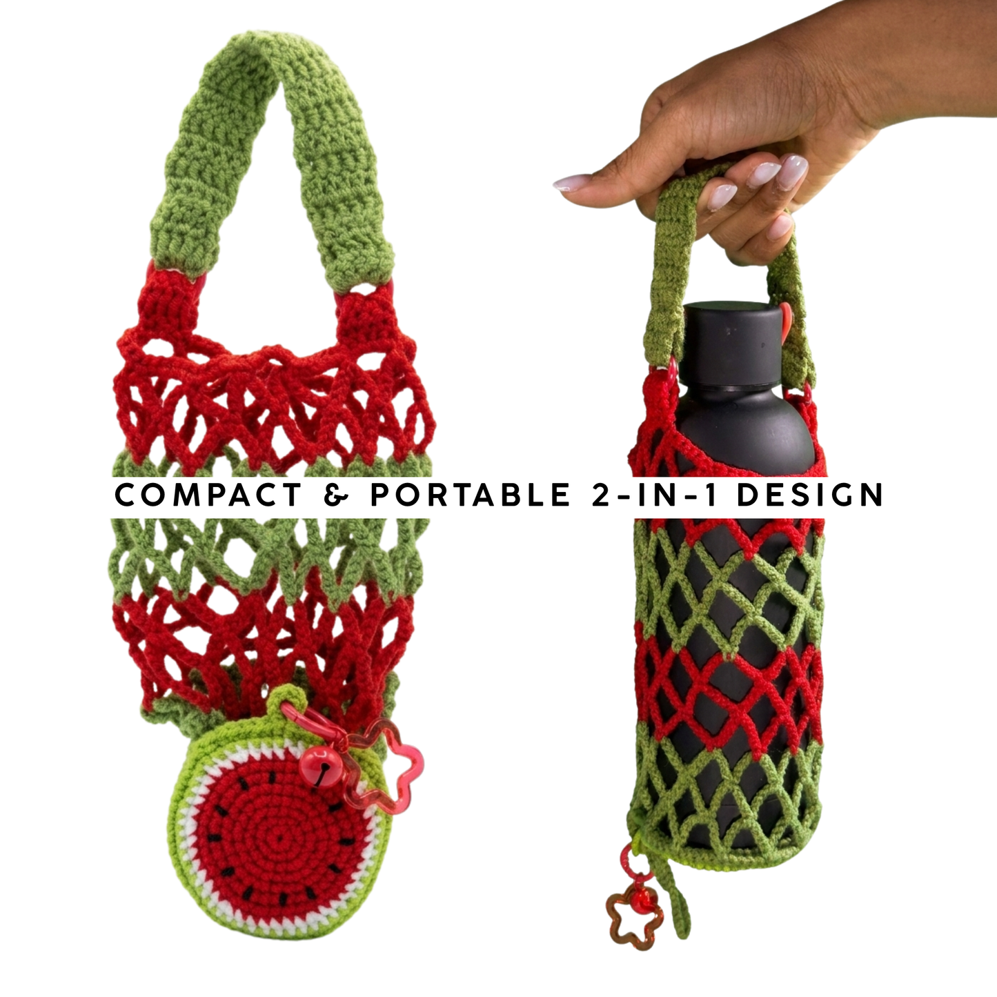 Crochet Bottle Carrier - Expandable Mesh Drink Holder with Star Clasp, Eco-Friendly Cup Sleeve for Travel