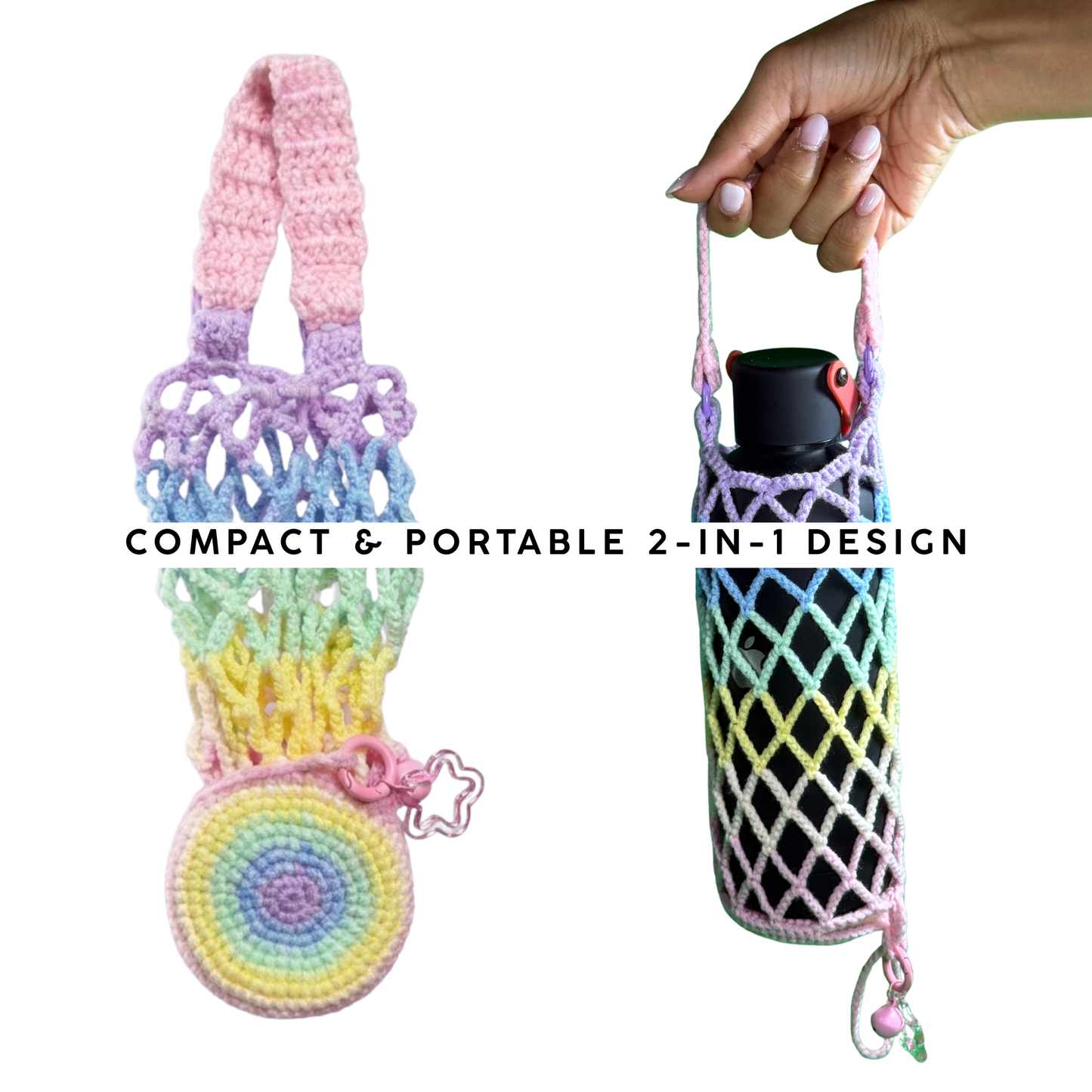 Crochet Bottle Carrier - Expandable Mesh Drink Holder with Star Clasp, Eco-Friendly Cup Sleeve for Travel