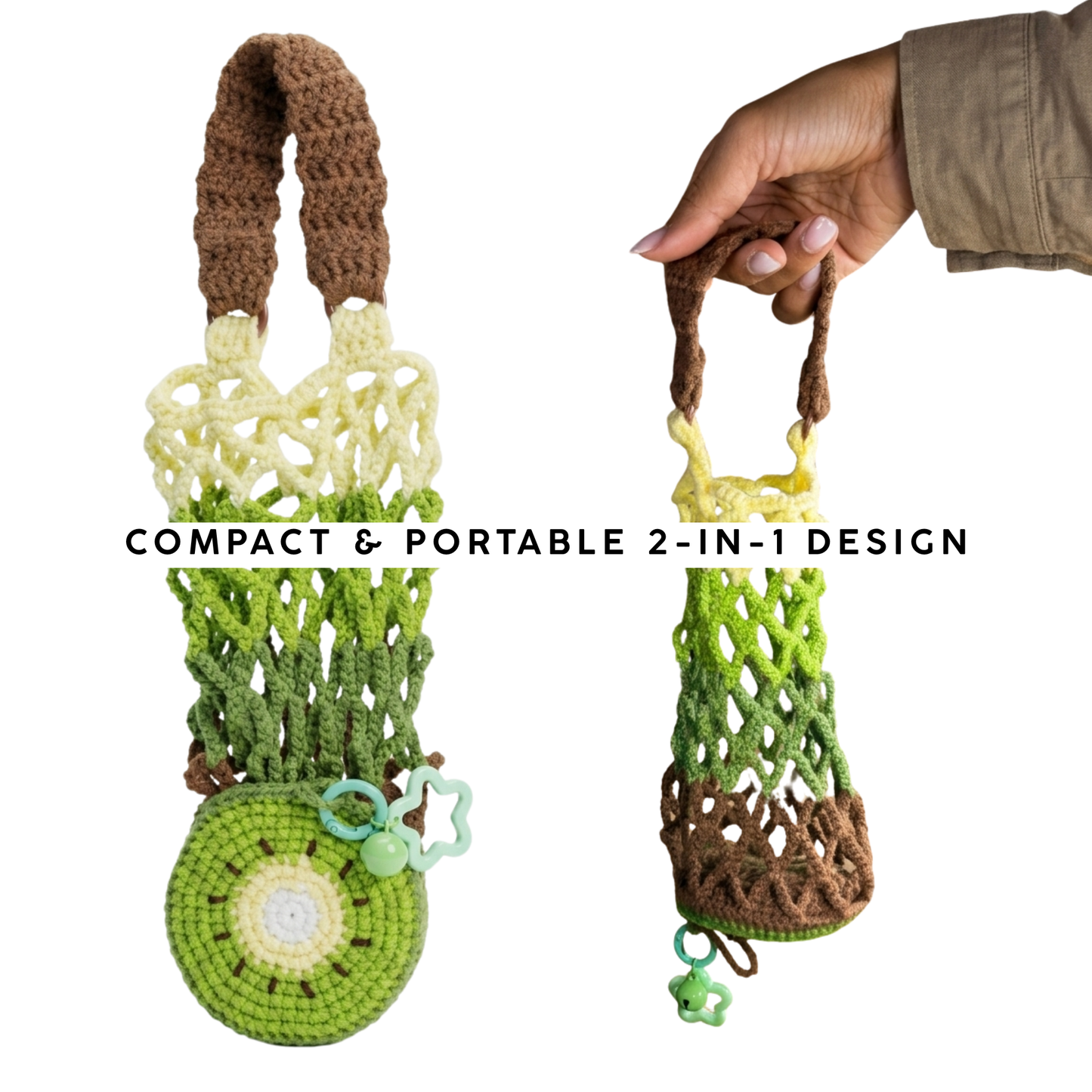Crochet Bottle Carrier - Expandable Mesh Drink Holder with Star Clasp, Eco-Friendly Cup Sleeve for Travel