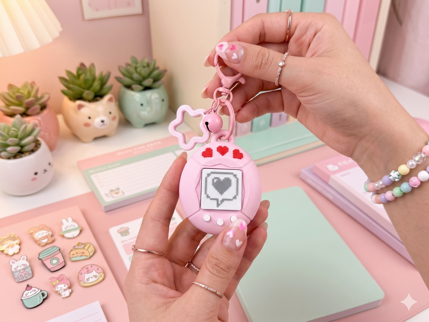 3D Printing Retro Style Pixel Heart Keychain — PLA Fidget Toy with Star Ring & Bell Charm | Retro Virtual Pet Inspired Stress Relief Clicker