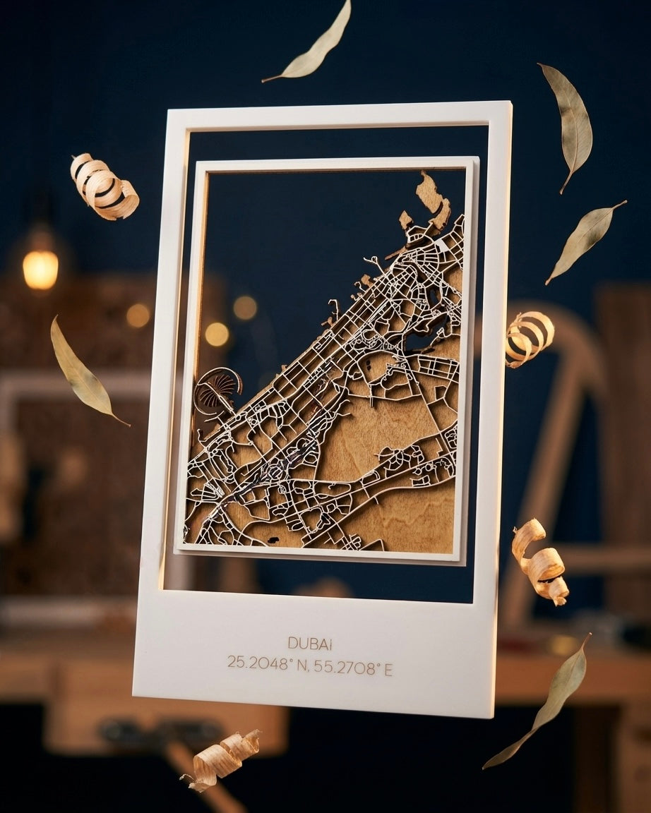 3D Laser-Cut Dubai City Wood Map – Multi-Layered Wall Art 17 x 29cm