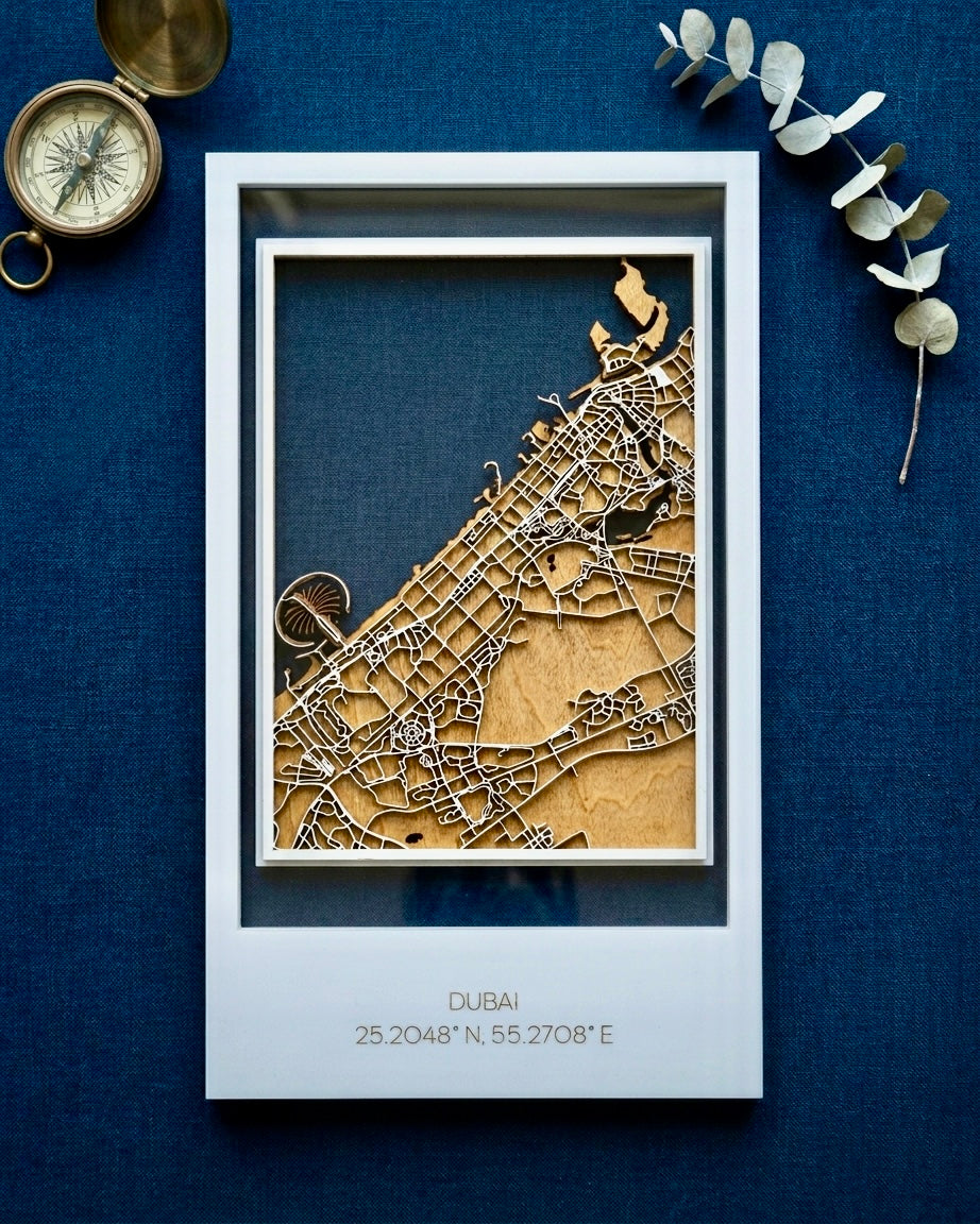 3D Laser-Cut Dubai City Wood Map – Multi-Layered Wall Art 17 x 29cm