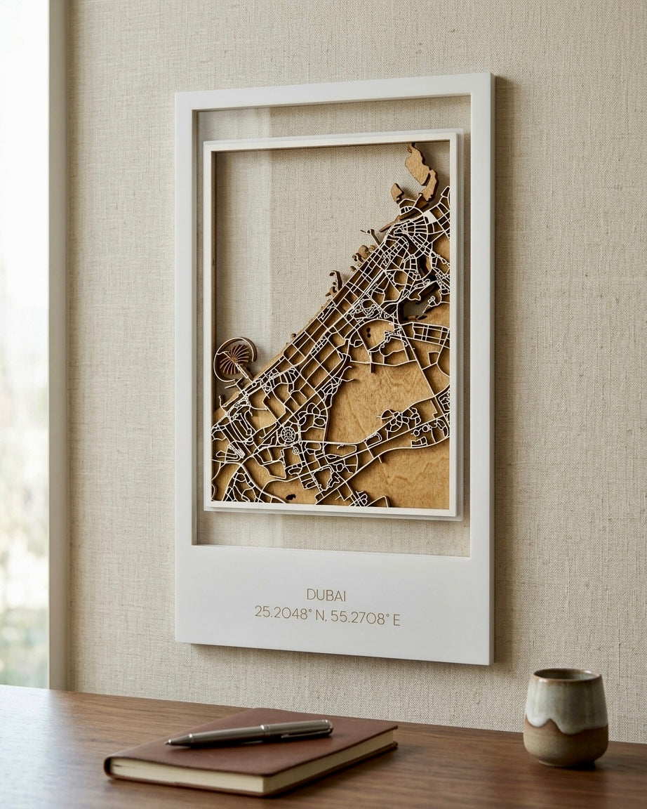 3D Laser-Cut Dubai City Wood Map – Multi-Layered Wall Art 17 x 29cm
