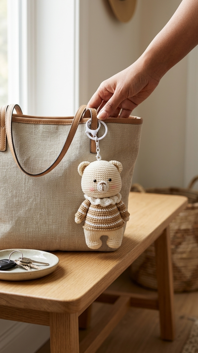 Handmade Crochet Bear Keychain Bag Charm — Amigurumi Teddy Bear 14×8.5cm, Boho Aesthetic Stuffed Animal Keyring, Handcrafted Cute Bear Pendant, Perfect Gift for Women Girls Birthday Valentine