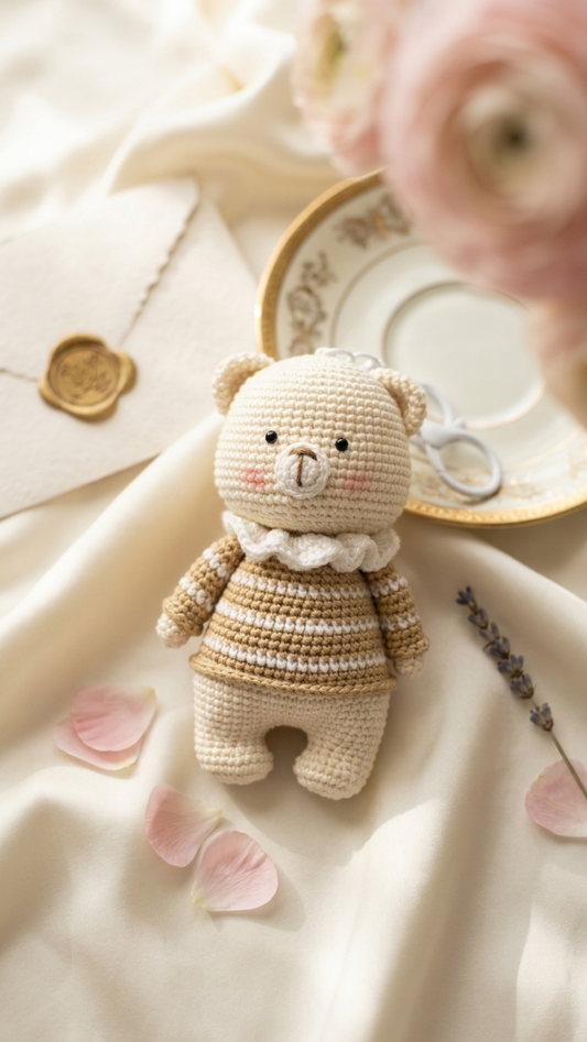 Handmade Crochet Bear Keychain Bag Charm — Amigurumi Teddy Bear 14×8.5cm, Boho Aesthetic Stuffed Animal Keyring, Handcrafted Cute Bear Pendant, Perfect Gift for Women Girls Birthday Valentine