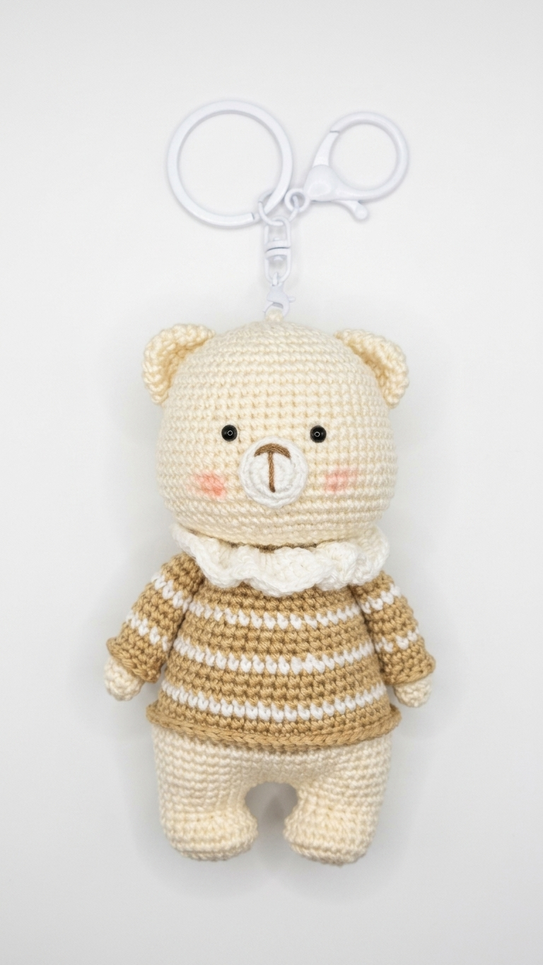 Handmade Crochet Bear Keychain Bag Charm — Amigurumi Teddy Bear 14×8.5cm, Boho Aesthetic Stuffed Animal Keyring, Handcrafted Cute Bear Pendant, Perfect Gift for Women Girls Birthday Valentine