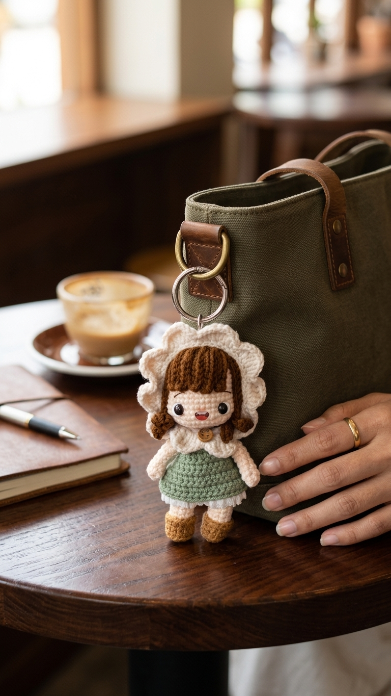 Flower Bonnet Girl — Handmade Crochet Keychain Doll | 14×7.5cm