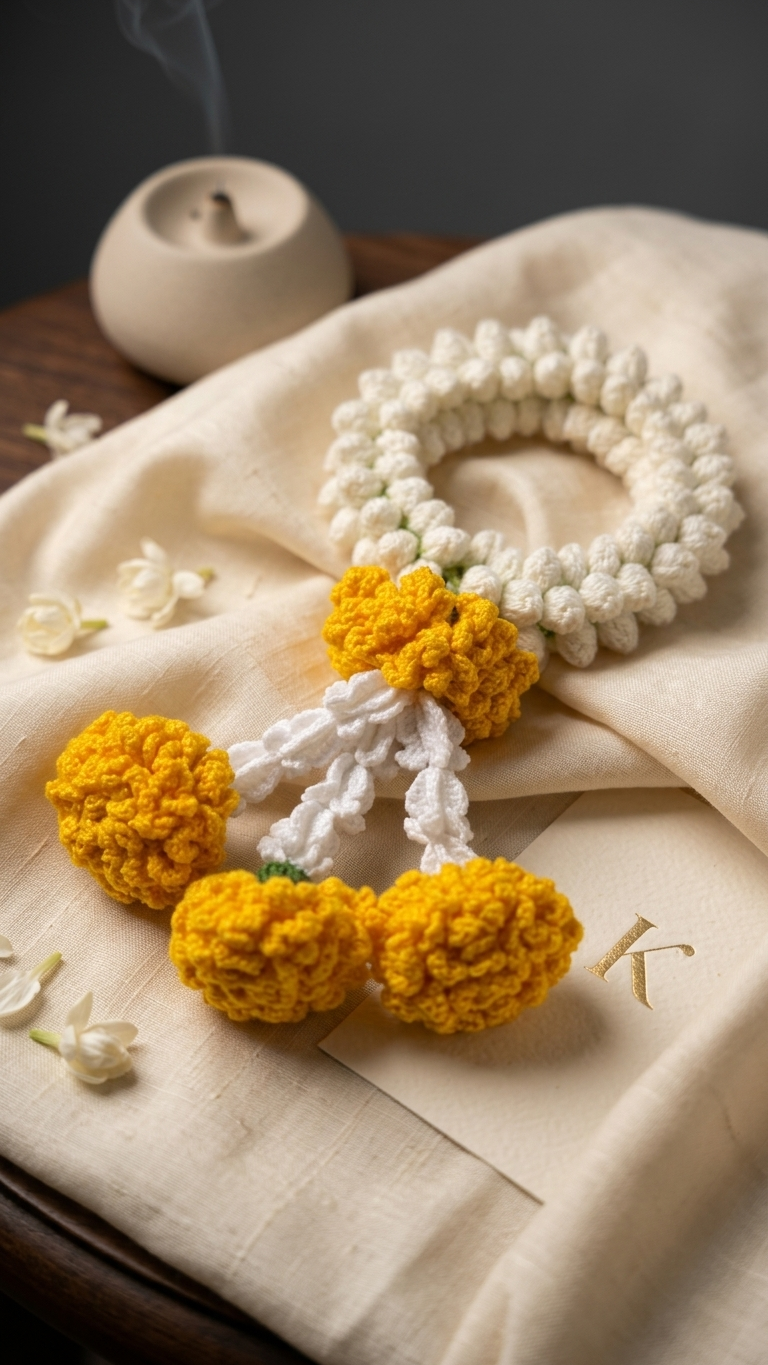 Handmade Crochet Jasmine & Marigold Garland — Eternal Offering for Ganesh Altar | Never Wilts