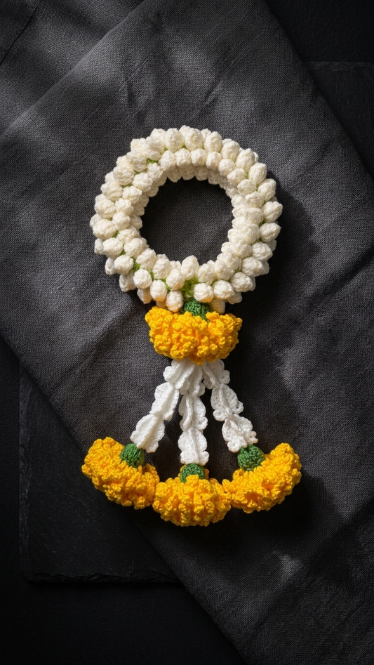 Handmade Crochet Jasmine & Marigold Garland — Eternal Offering for Ganesh Altar | Never Wilts