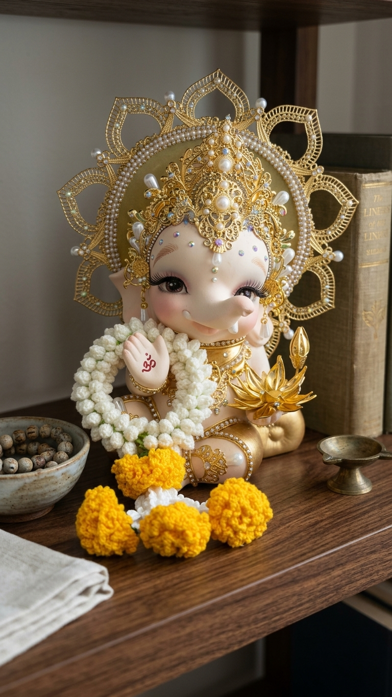 Handmade Crochet Jasmine & Marigold Garland — Eternal Offering for Ganesh Altar | Never Wilts