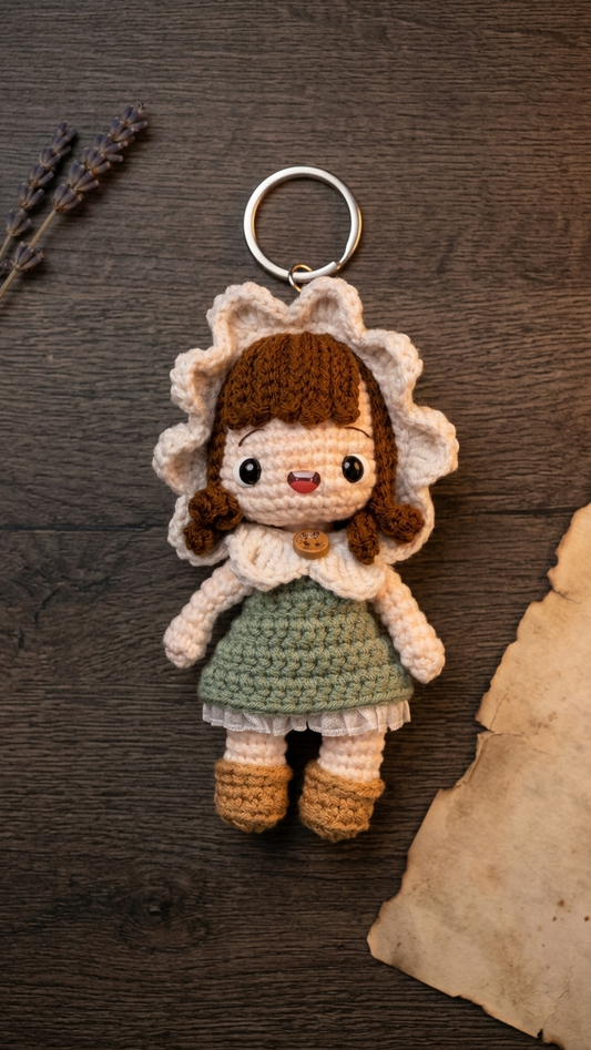 Flower Bonnet Girl — Handmade Crochet Keychain Doll | 14×7.5cm