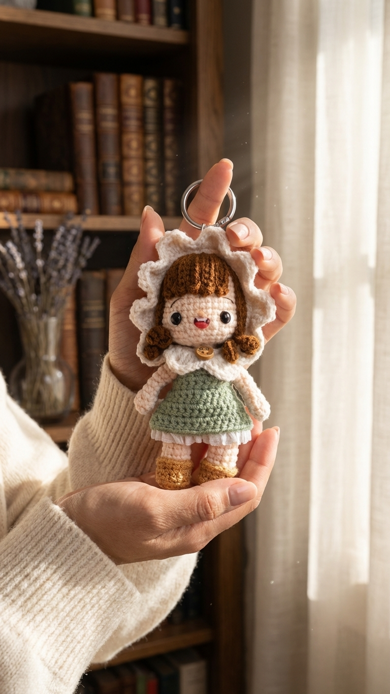 Flower Bonnet Girl — Handmade Crochet Keychain Doll | 14×7.5cm