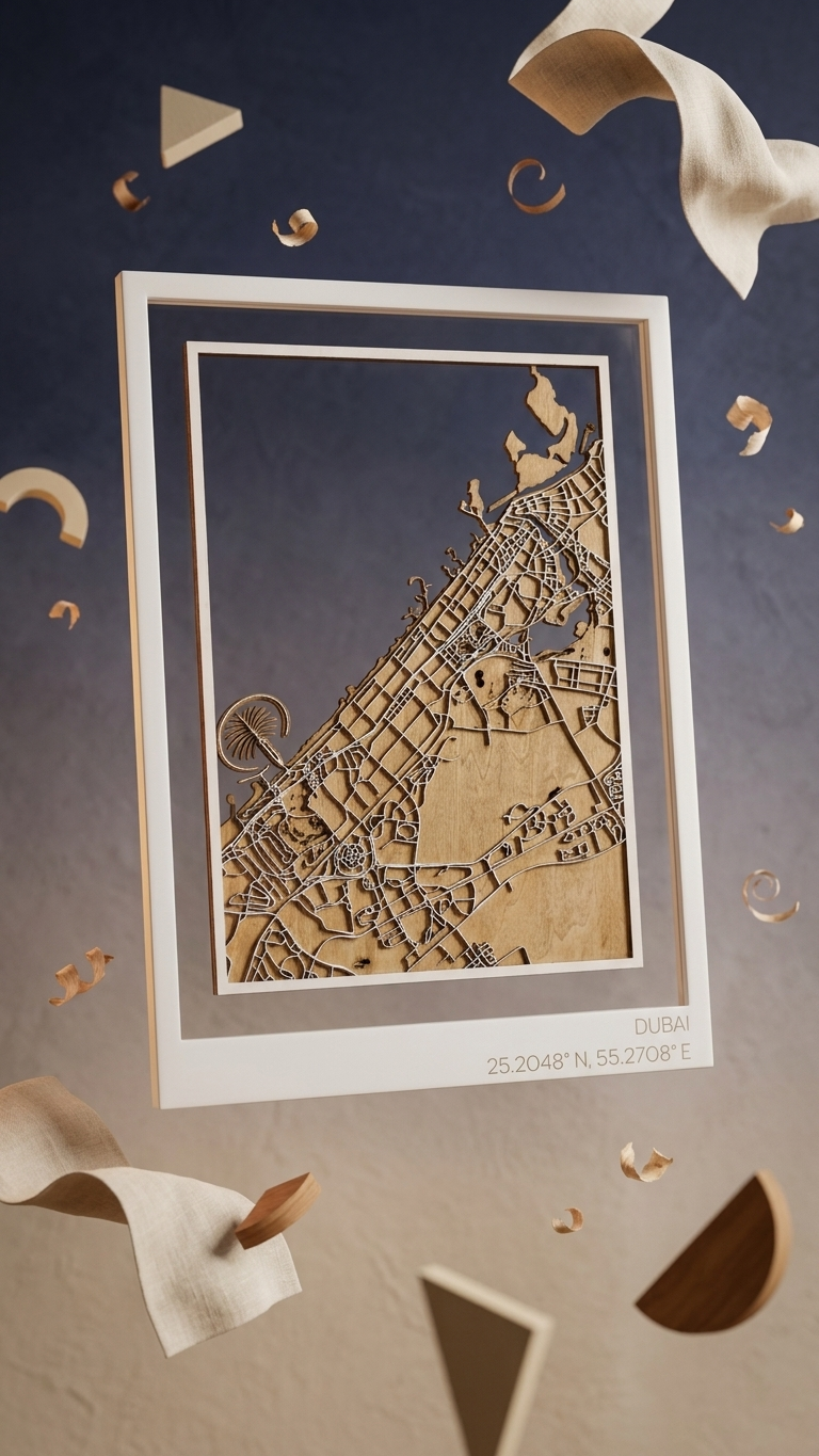 3D Laser-Cut Dubai City Wood Map – Multi-Layered Wall Art
