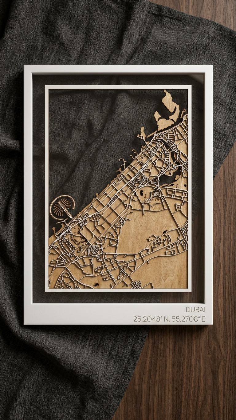3D Laser-Cut Dubai City Wood Map – Multi-Layered Wall Art