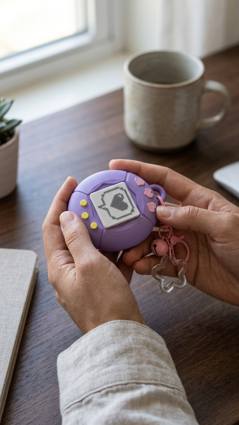 3D Printing Retro Style Pixel Heart Keychain — PLA Fidget Toy with Star Ring & Bell Charm | Retro Virtual Pet Inspired Stress Relief Clicker